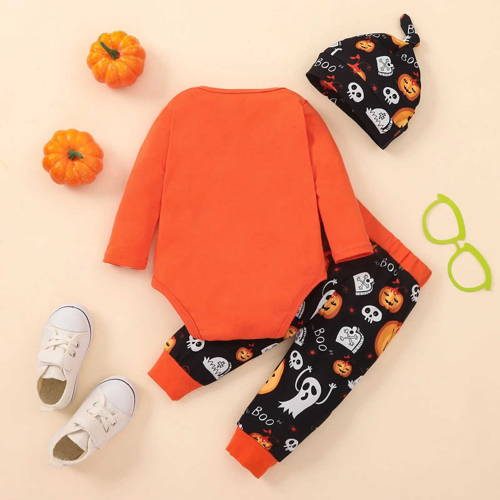 Infant Baby Unisex Halloween Print Costumes Long Sleeve Romper,Long Pants &Hat outfit