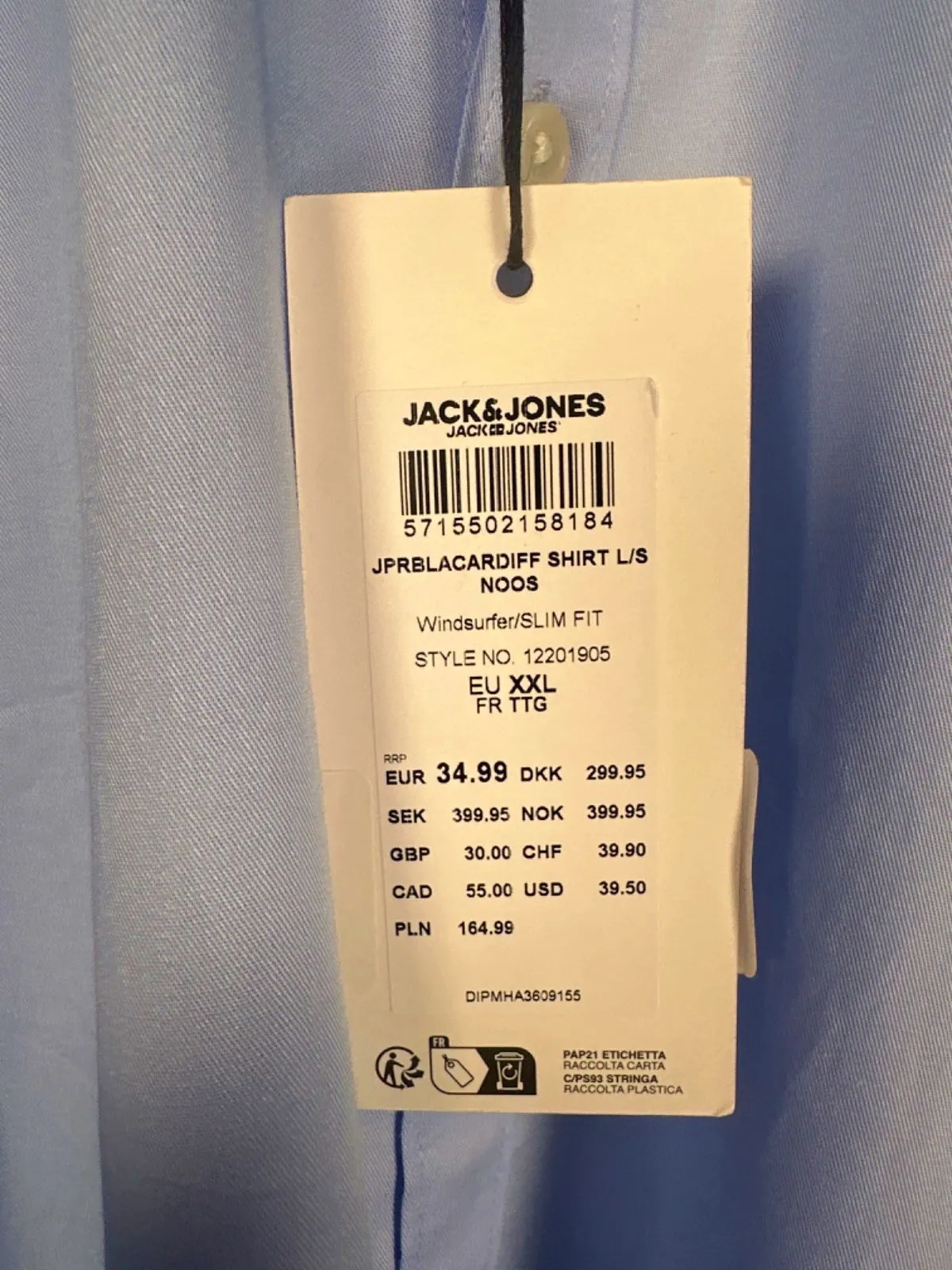 Jack & Jones Blue Slim Fit Windsor Cardiff Shirt UK XXL