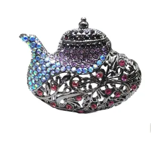 Jewelblings Vintage Black Tone Blue Aurora Borealis Deco Coffee Kettle Broach Pin Teapot Jewelry for Costume Blazer Collection Box Suit Cape