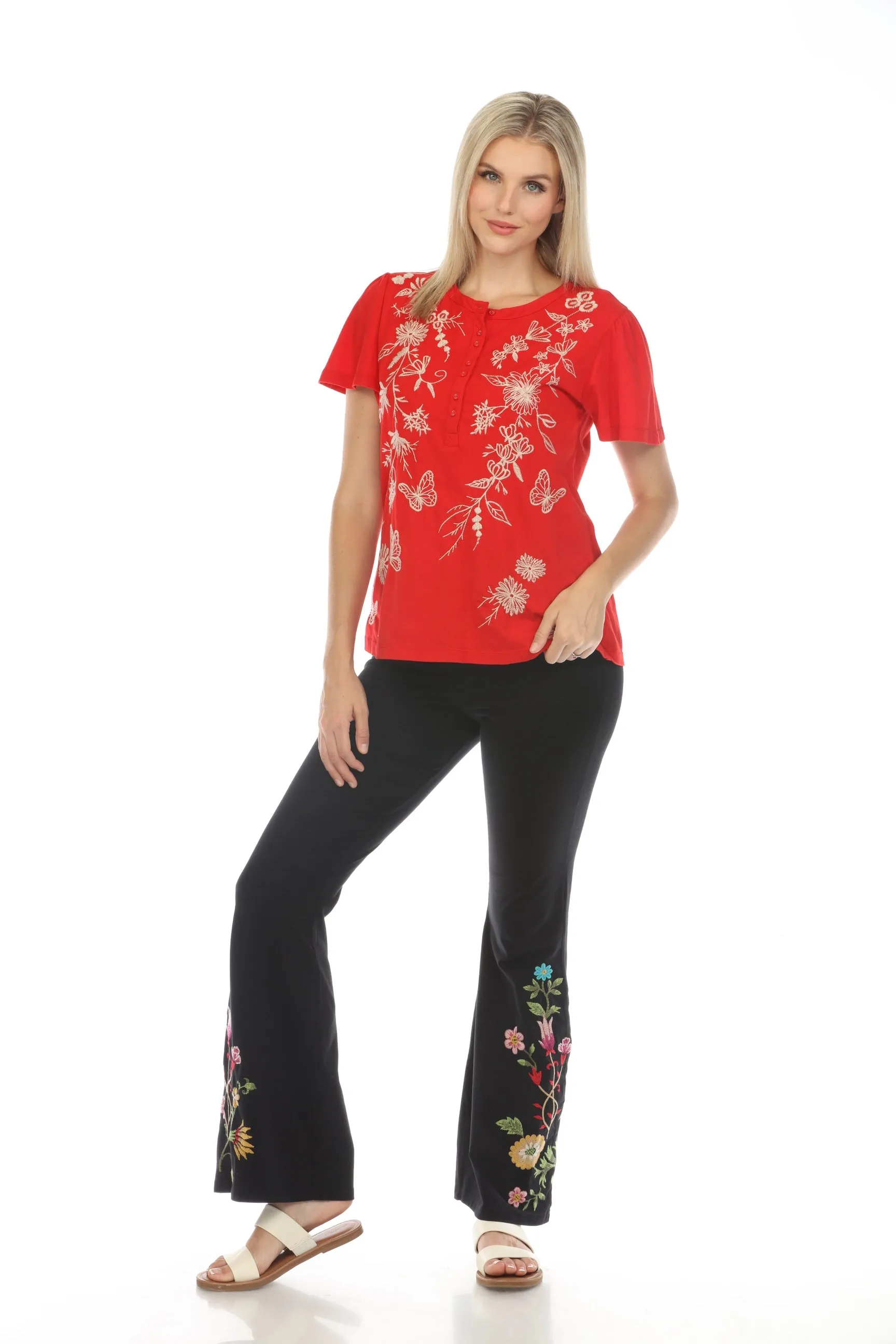Johnny Was JWLA Domingo Flutter Sleeve Henley Tee J13724 *