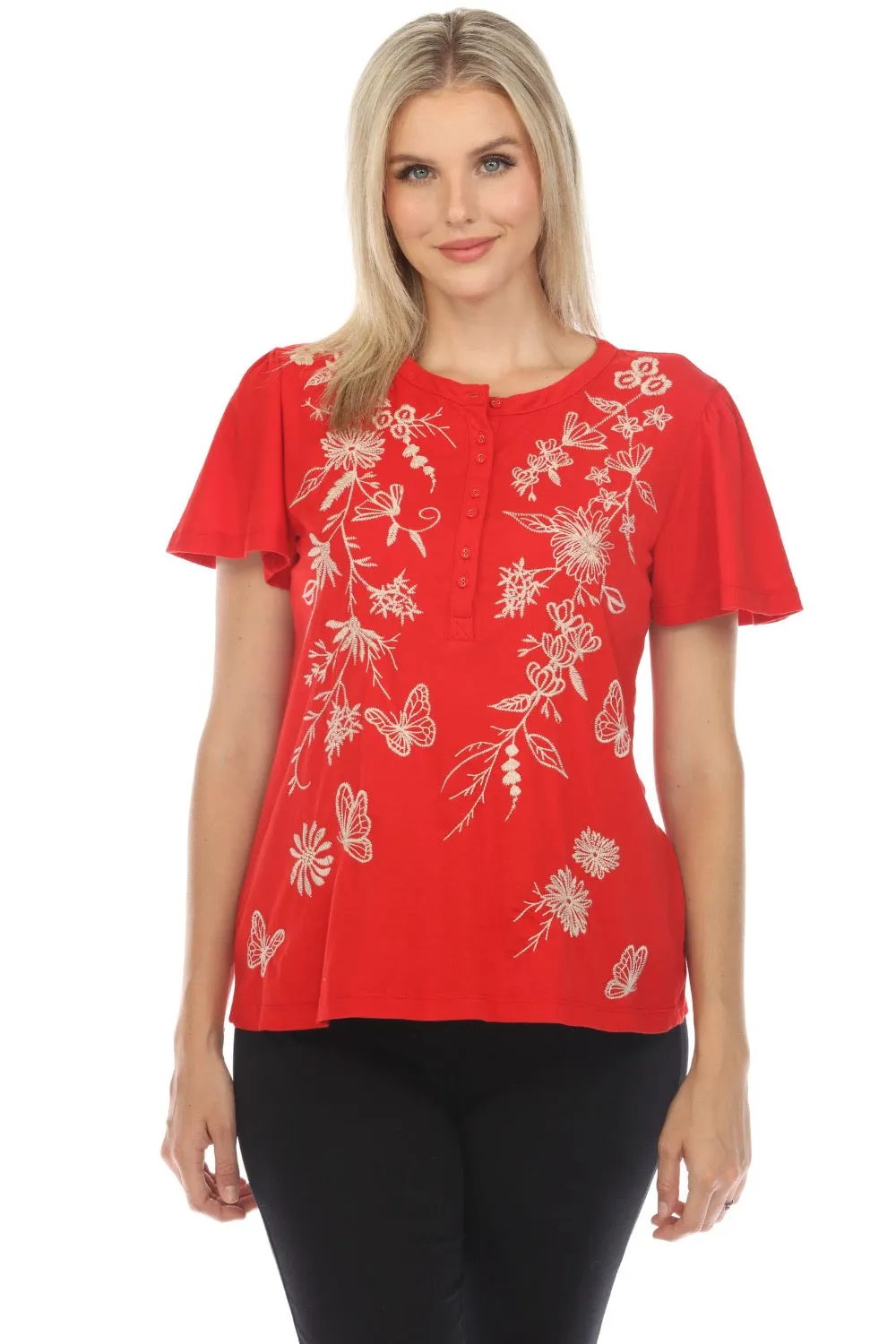 Johnny Was JWLA Domingo Flutter Sleeve Henley Tee J13724 *