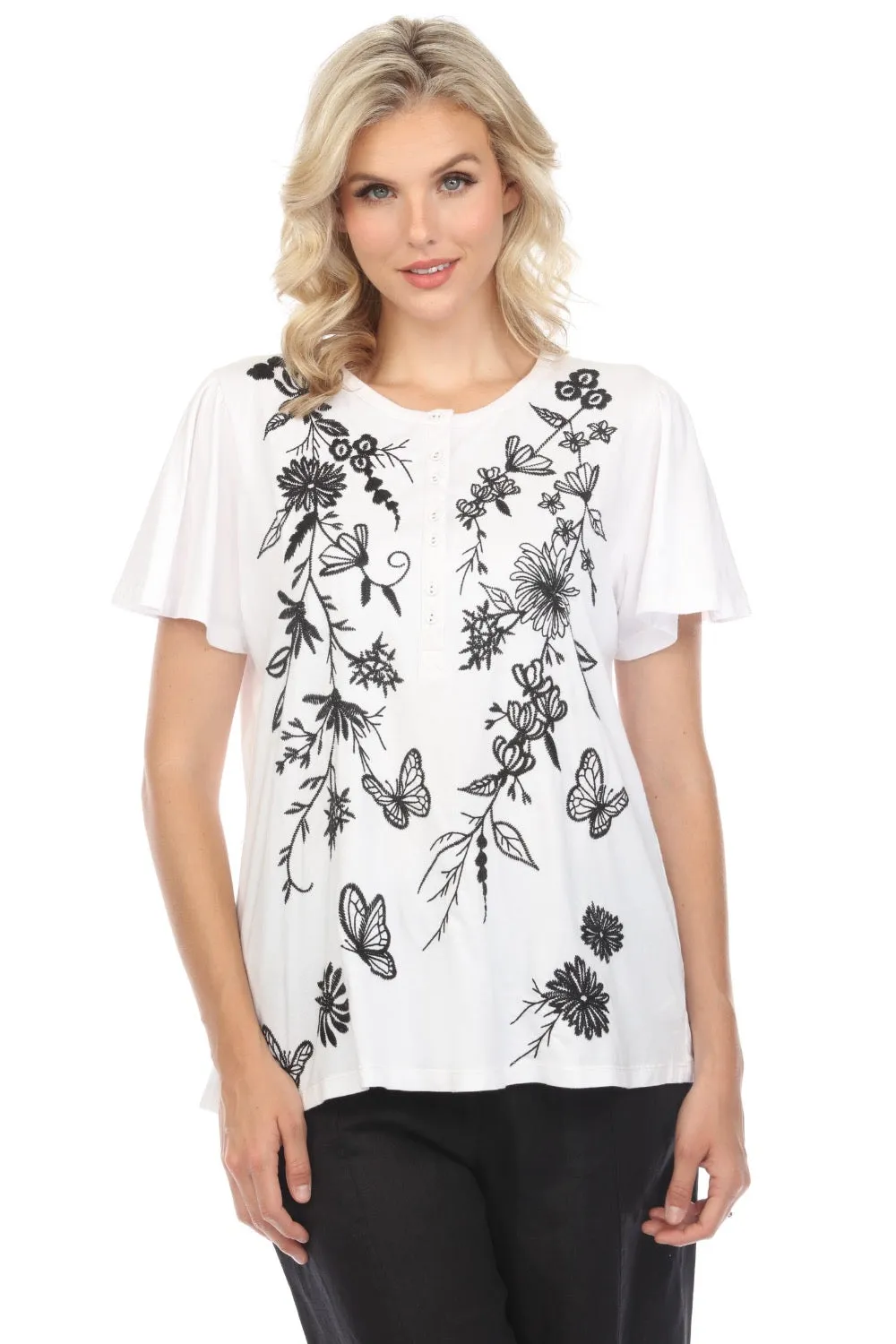 Johnny Was JWLA Domingo Flutter Sleeve Henley Tee J13724 *