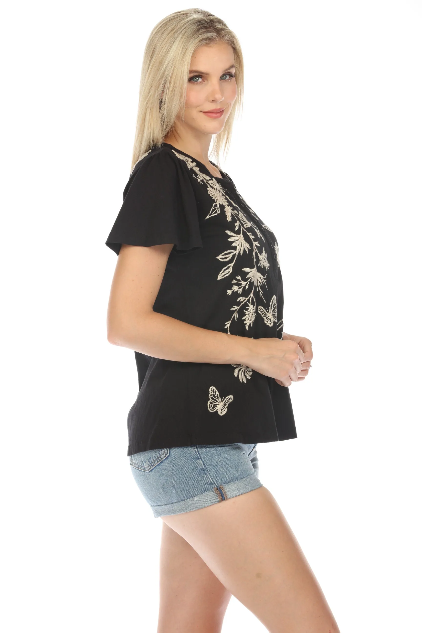 Johnny Was JWLA Domingo Flutter Sleeve Henley Tee J13724 *