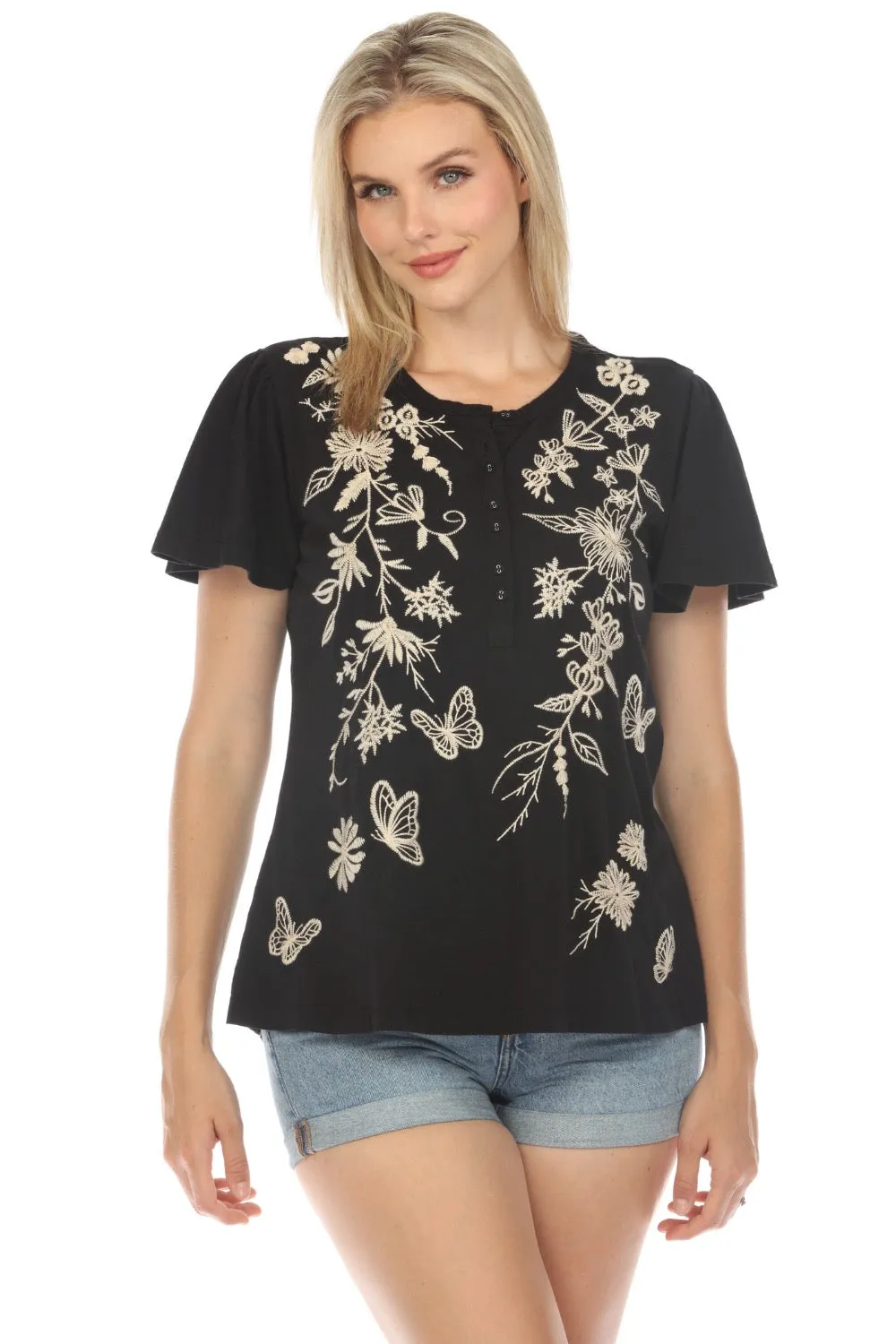 Johnny Was JWLA Domingo Flutter Sleeve Henley Tee J13724 *