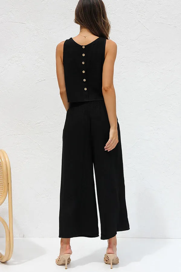 Khiara Basic Button Crop Top and Pocketed Pants Set