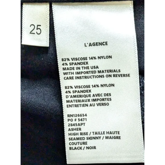 L'Agence Jeans Womens 25 Black Asher High Rise Skinny Pants NEW Ankle Stretch US
