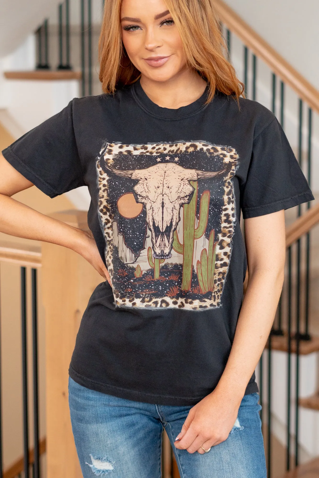 Leopard Bull Skull Graphic Tee - Black