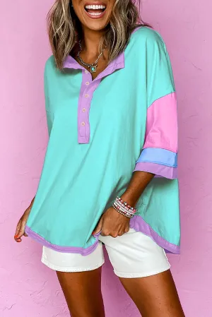 Light Blue Solid Color Half Sleeve Buttons Henley Top