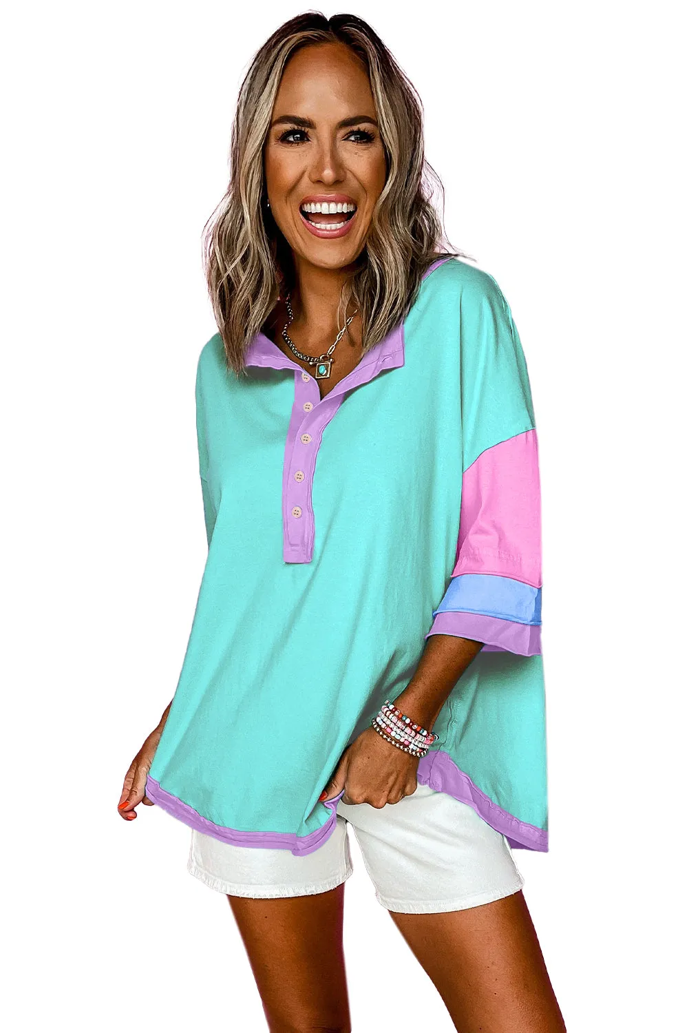 Light Blue Solid Color Half Sleeve Buttons Henley Top