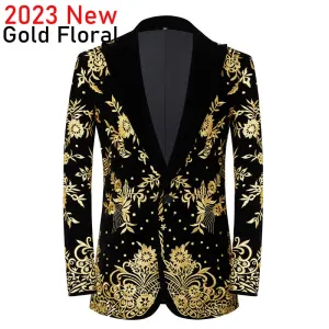 Luxury Baroque Gold Floral Embroidery Blazer Jacket Men Shawl Lapel Velvet Cardigan Blazers Men Wedding Party Prom Costume Homme