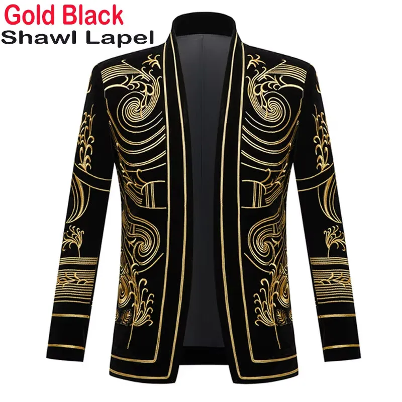 Luxury Baroque Gold Floral Embroidery Blazer Jacket Men Shawl Lapel Velvet Cardigan Blazers Men Wedding Party Prom Costume Homme