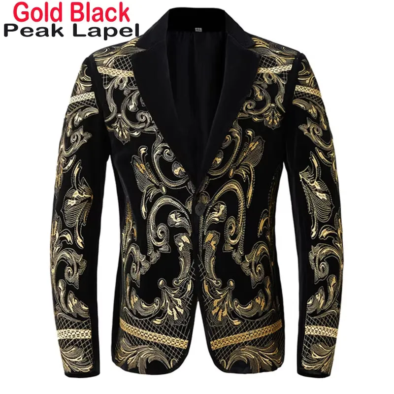 Luxury Baroque Gold Floral Embroidery Blazer Jacket Men Shawl Lapel Velvet Cardigan Blazers Men Wedding Party Prom Costume Homme