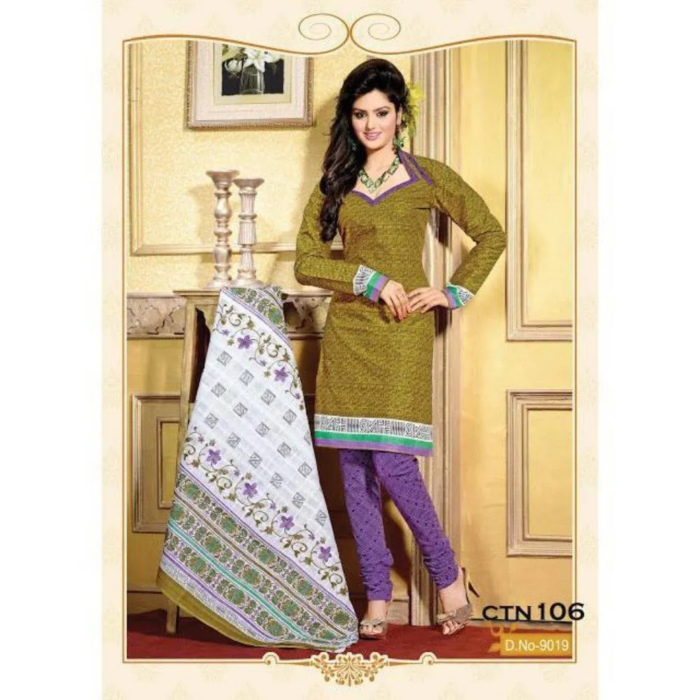 Mahendi and Purple Cotton Salwar Kameez Dress Material