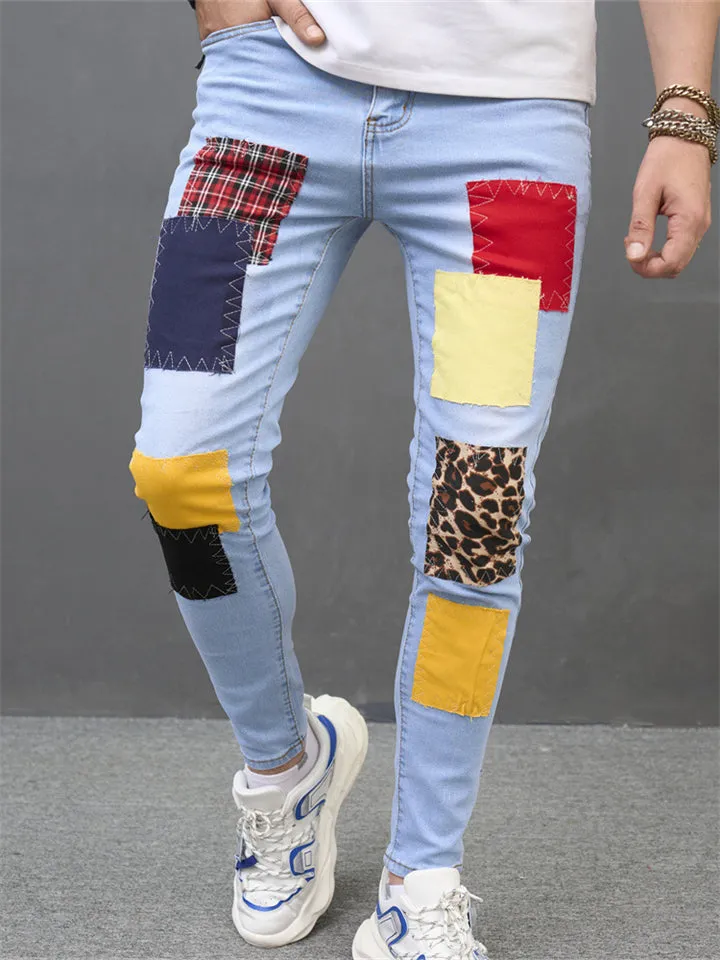 Male Light Blue Skinny Multicolored Patch Jeans