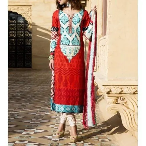 Maroon & Cream Cotton Unstitched Churidar Suit