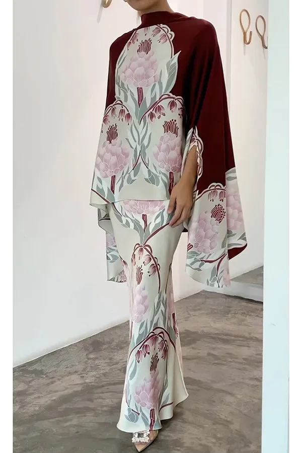 Matilda Satin Unique Print Drape Cape Sleeve Top and Elastic Waist Maxi Skirt Set