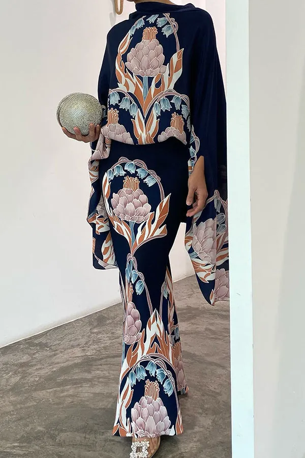 Matilda Satin Unique Print Drape Cape Sleeve Top and Elastic Waist Maxi Skirt Set