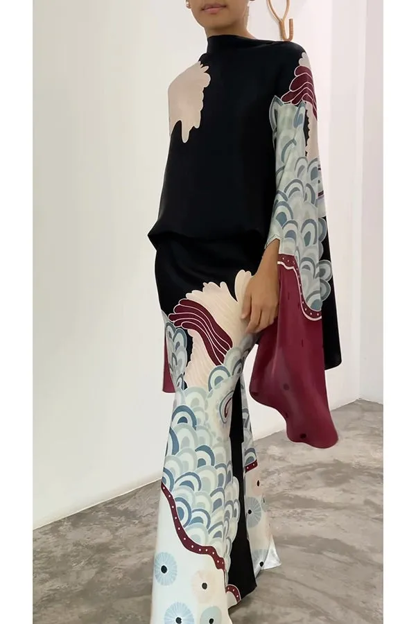 Matilda Satin Unique Print Drape Cape Sleeve Top and Elastic Waist Maxi Skirt Set