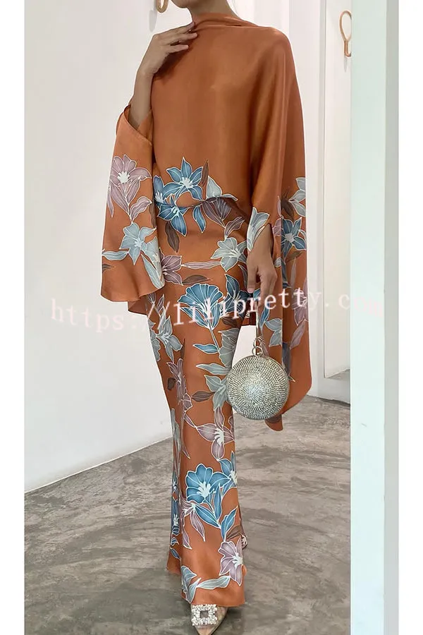 Matilda Satin Unique Print Drape Cape Sleeve Top and Elastic Waist Maxi Skirt Set