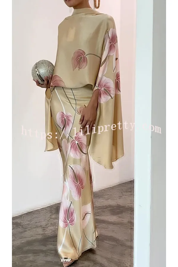 Matilda Satin Unique Print Drape Cape Sleeve Top and Elastic Waist Maxi Skirt Set