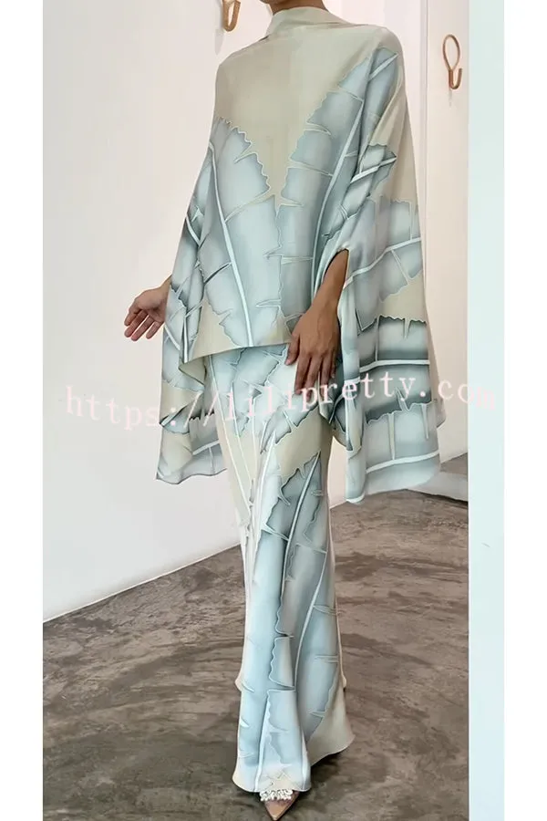 Matilda Satin Unique Print Drape Cape Sleeve Top and Elastic Waist Maxi Skirt Set