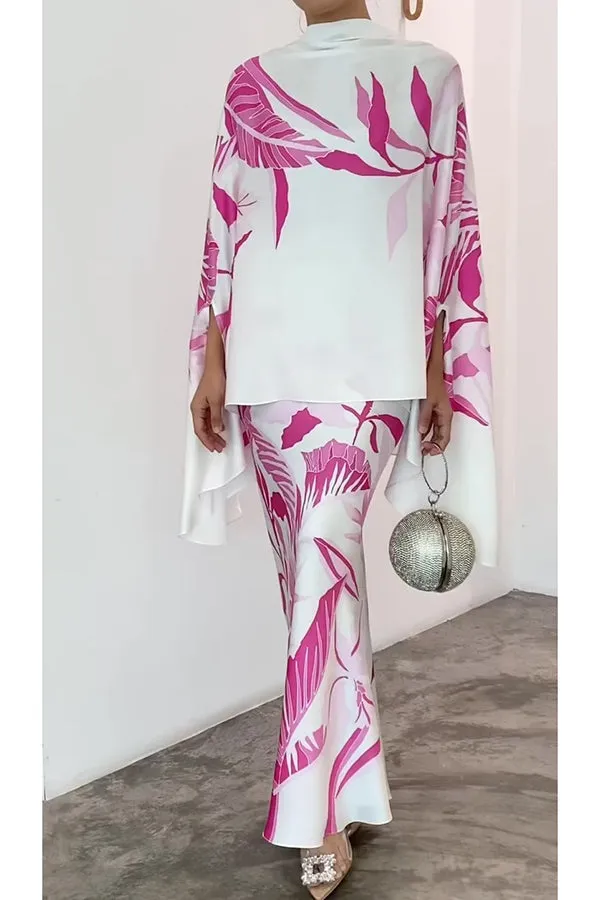 Matilda Satin Unique Print Drape Cape Sleeve Top and Elastic Waist Maxi Skirt Set