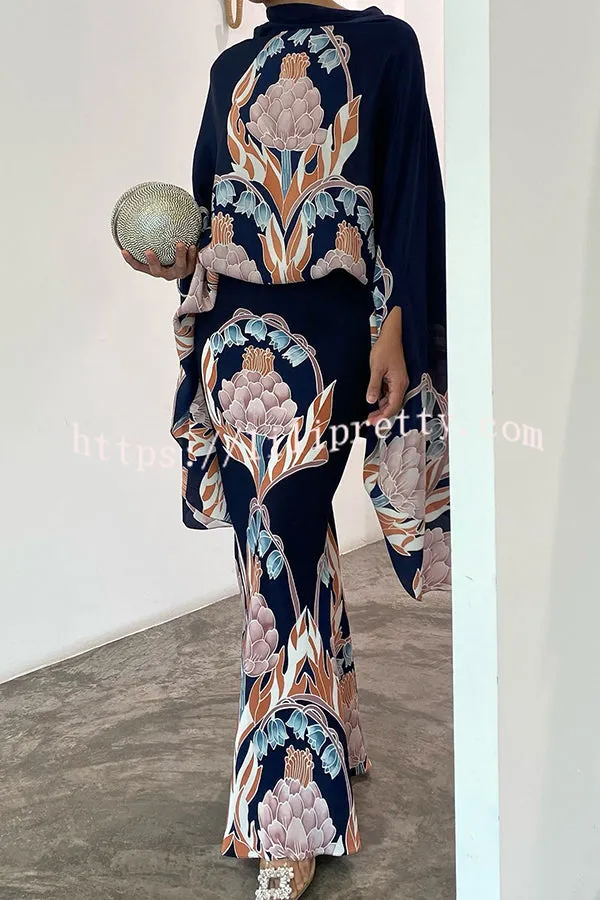 Matilda Satin Unique Print Drape Cape Sleeve Top and Elastic Waist Maxi Skirt Set