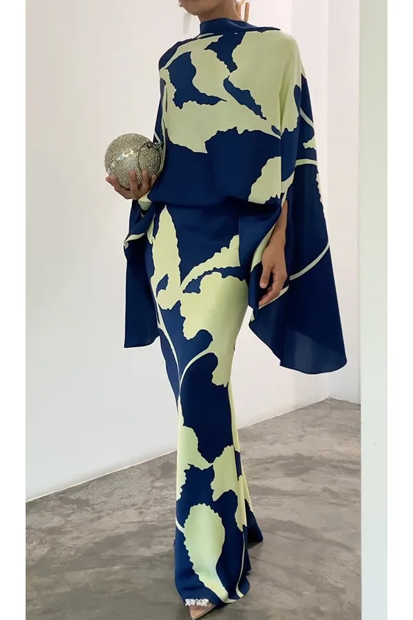 Matilda Satin Unique Print Drape Cape Sleeve Top and Elastic Waist Maxi Skirt Set