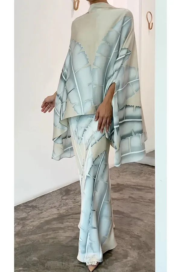 Matilda Satin Unique Print Drape Cape Sleeve Top and Elastic Waist Maxi Skirt Set