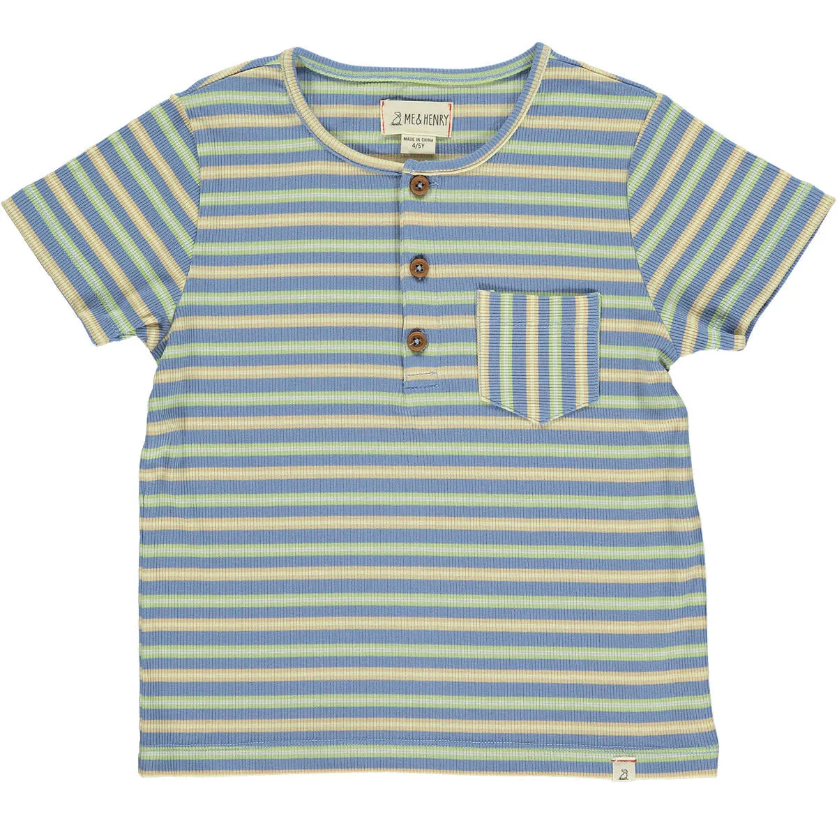 Me & Henry Blue/Lime/Beige Ribbed Henley Dodger Top