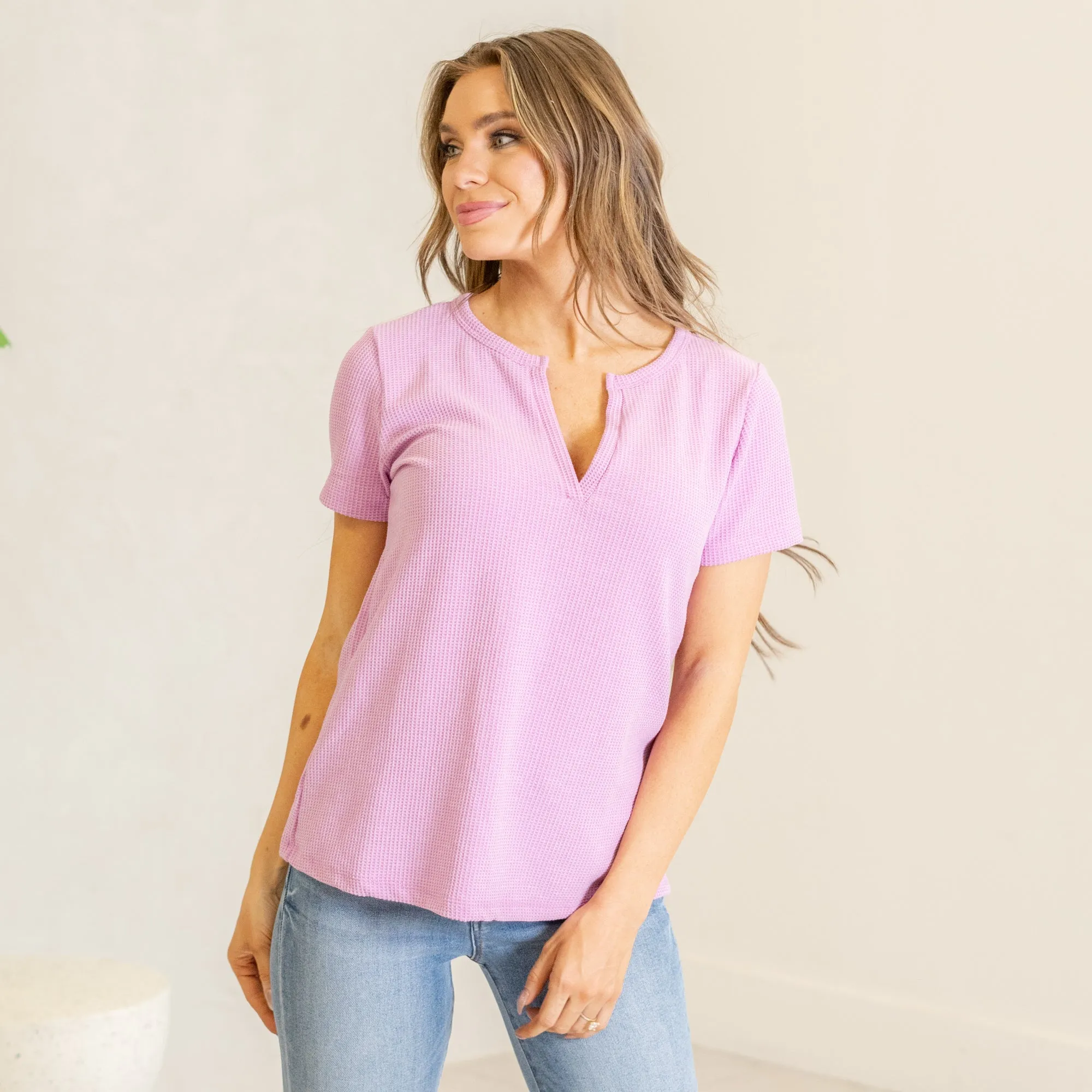 Melage baby waffle henley neck short sleeve top