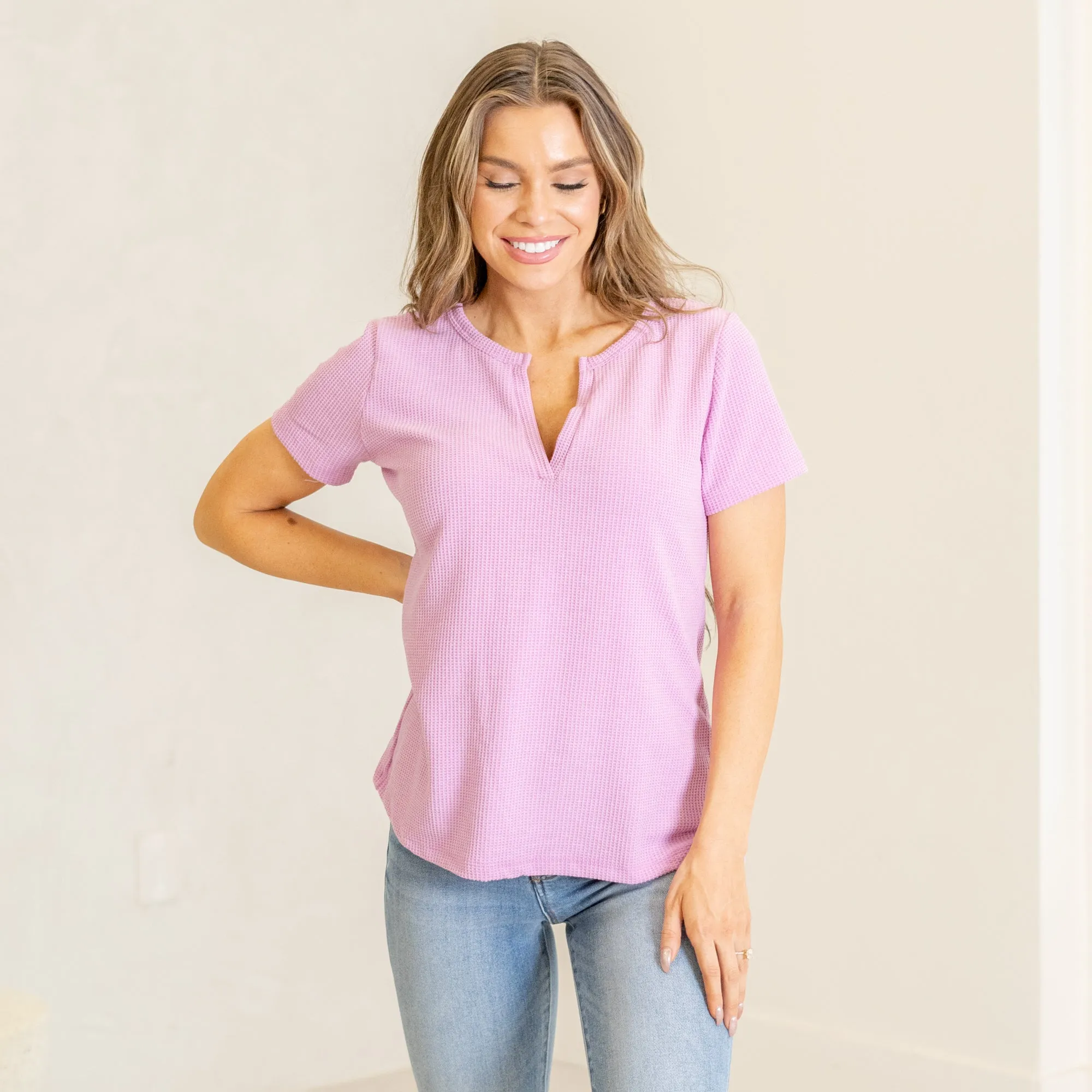 Melage baby waffle henley neck short sleeve top