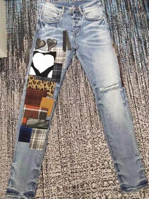 men art patches distressed blue jeans