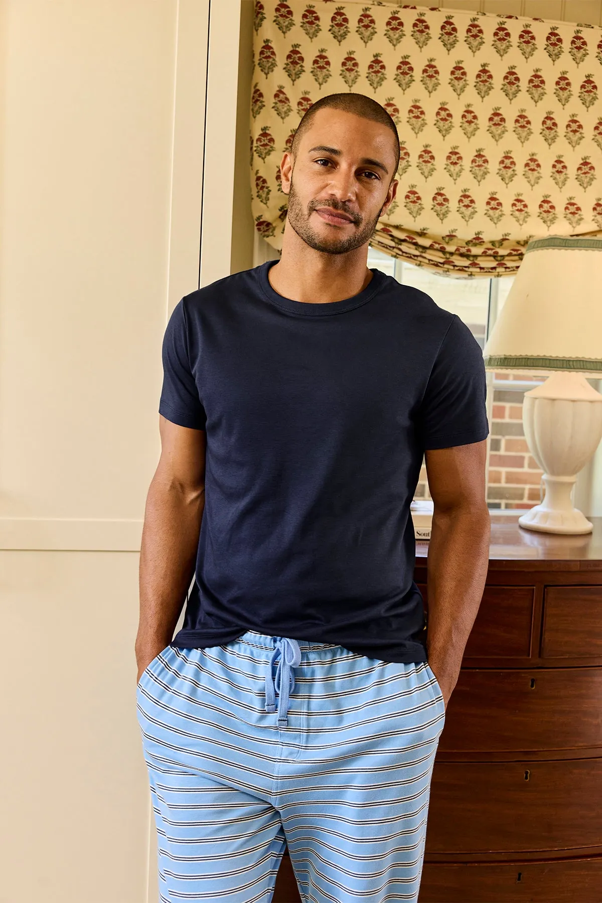 Men's Pima Sleep Short-Long Set in Classic Blue Triple Stripe
