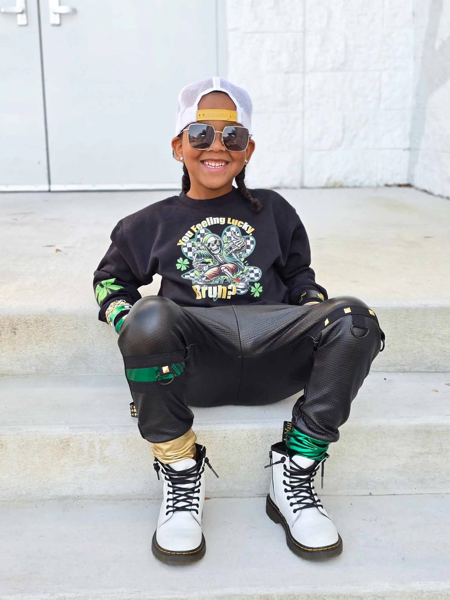 Metallic Green, Checks and Black Kids Joggers with straps ,unisex boys girls