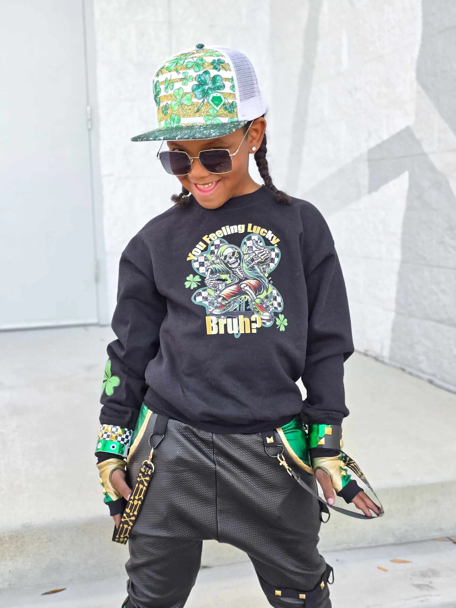 Metallic Green, Checks and Black Kids Joggers with straps ,unisex boys girls