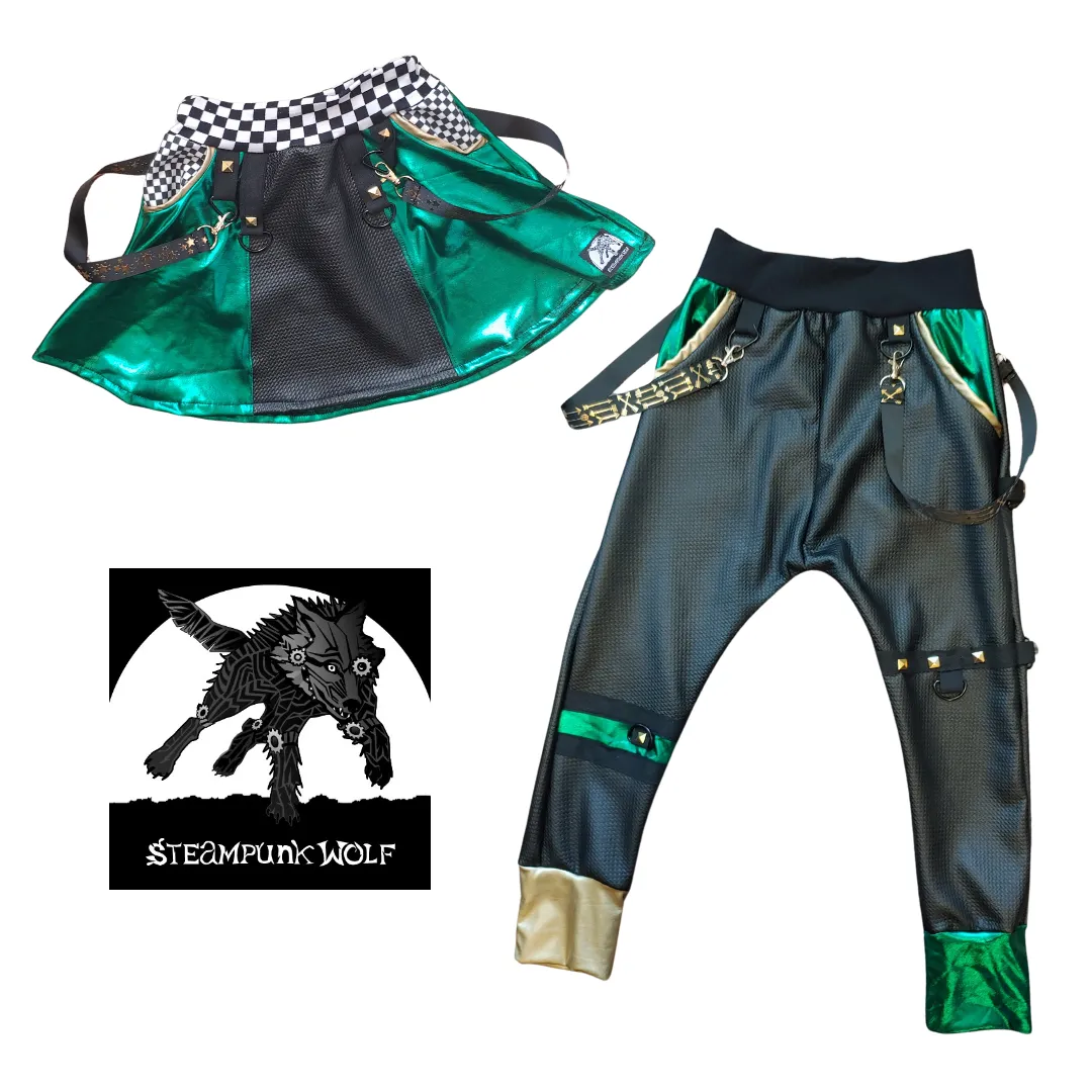 Metallic Green, Checks and Black Kids Joggers with straps ,unisex boys girls