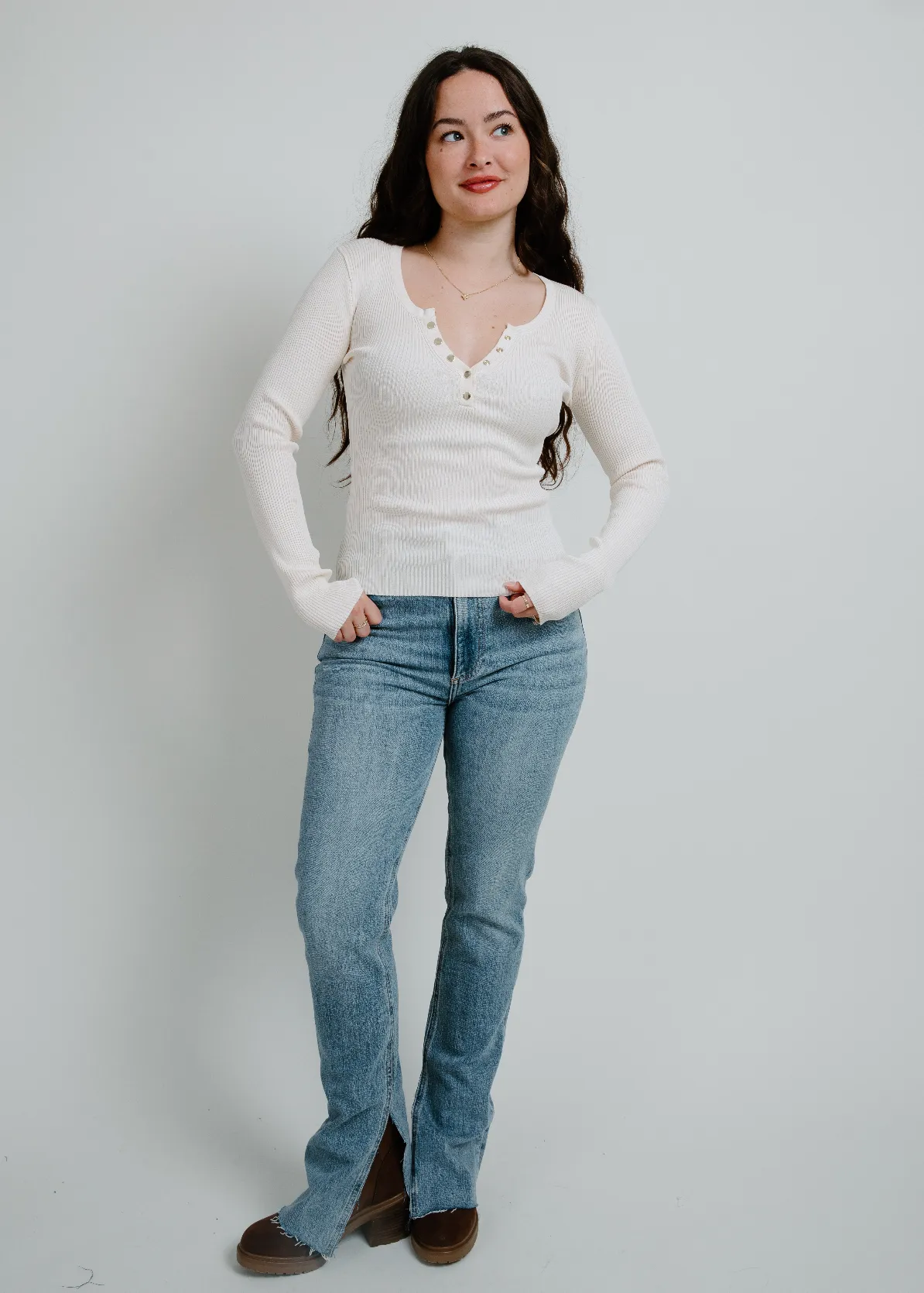 Mia Henley Knit Sweater Top - Oatmeal