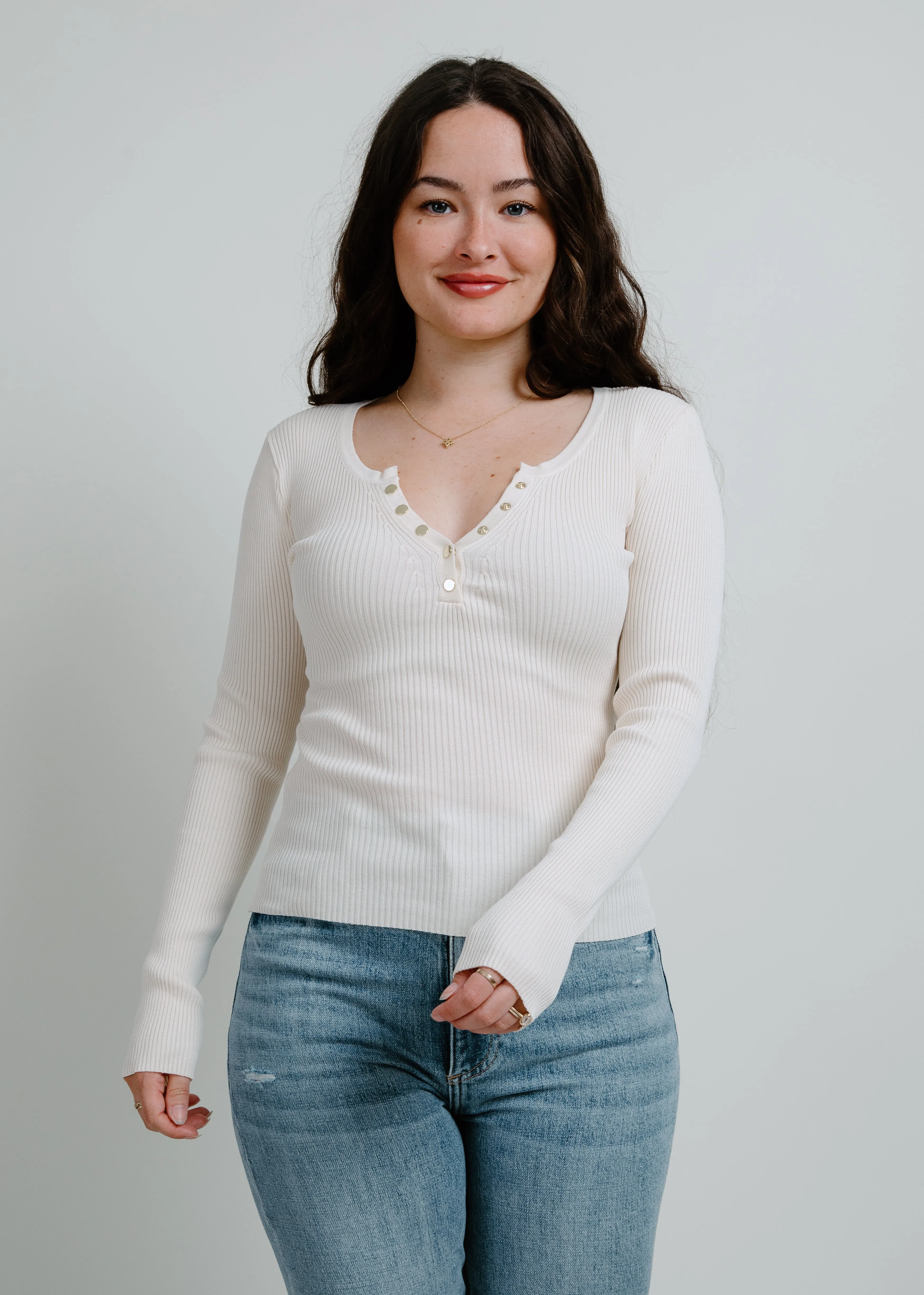 Mia Henley Knit Sweater Top - Oatmeal
