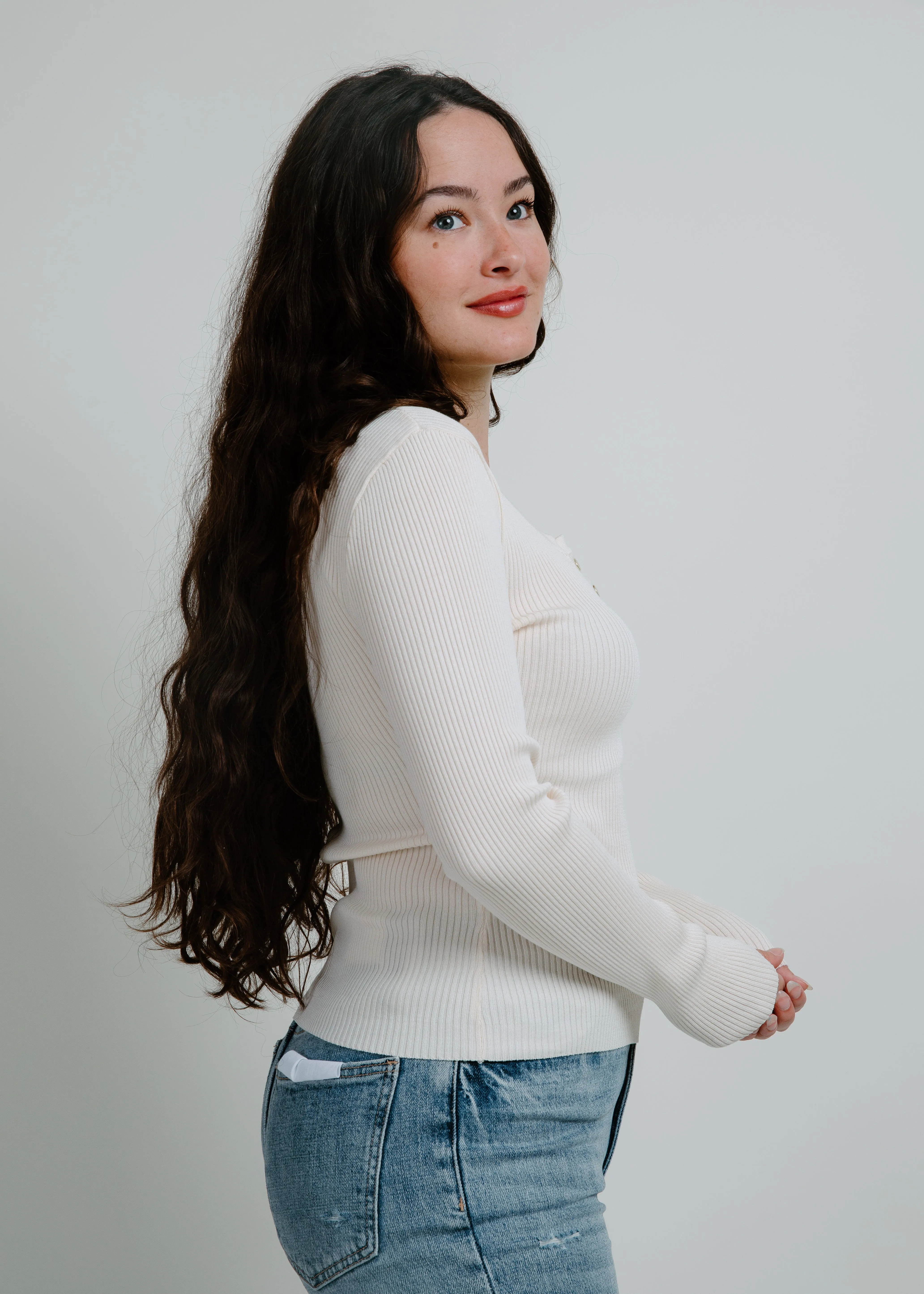 Mia Henley Knit Sweater Top - Oatmeal