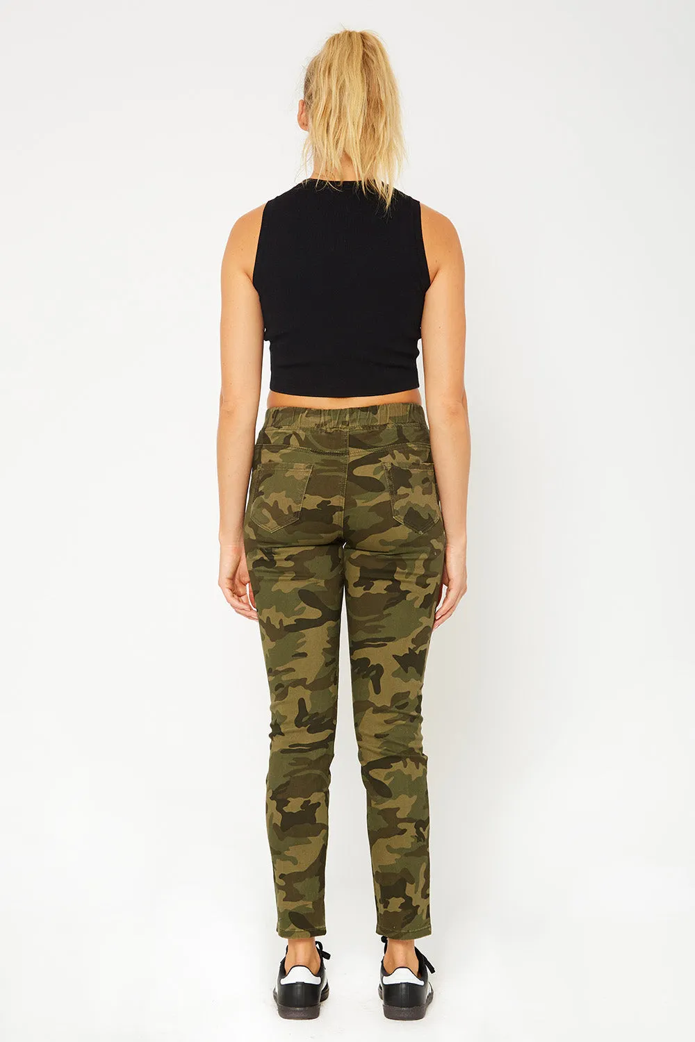 Mid-rise olive camo skinny pants