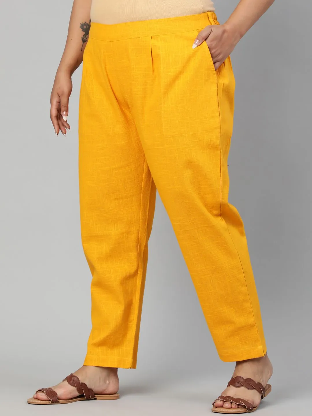 Mustard Plus Size Ethnic Wear Cotton Slub Pants