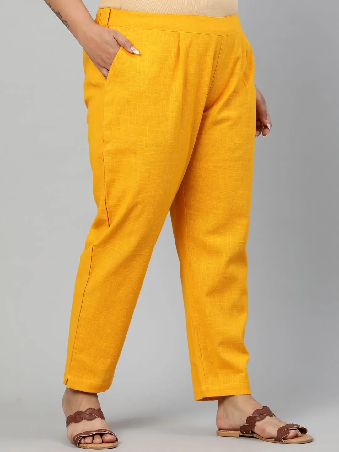 Mustard Plus Size Ethnic Wear Cotton Slub Pants