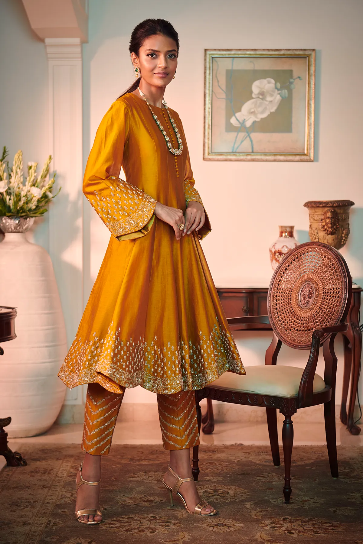 MUSTRARD SHORT ANARKALI SUIT AND PANTS