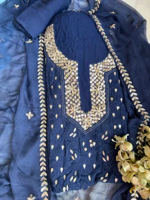 Navy Blue Chikankari Gota Embroidery Fabric Material Salwar Suit Set