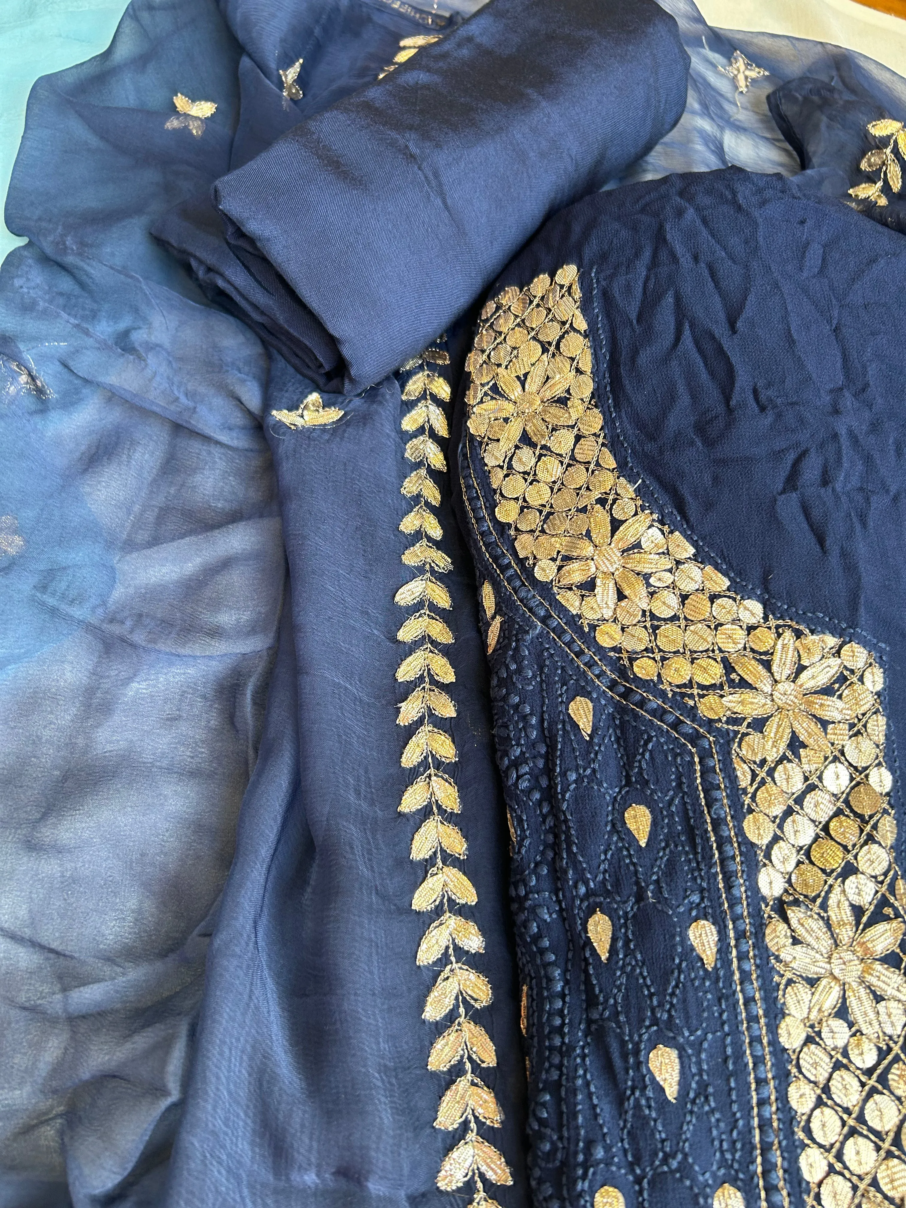 Navy Blue Chikankari Gota Embroidery Fabric Material Salwar Suit Set
