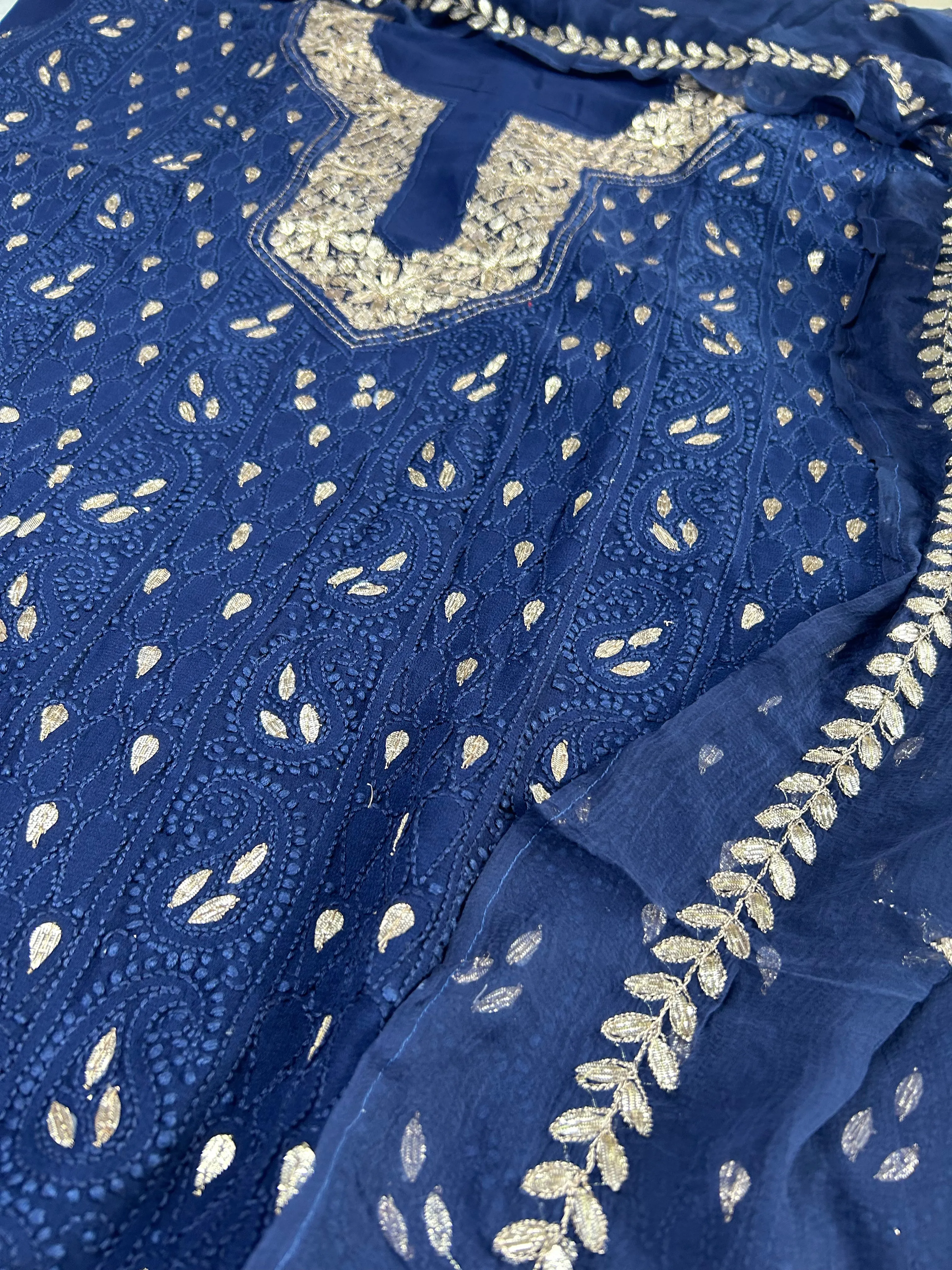 Navy Blue Chikankari Gota Embroidery Fabric Material Salwar Suit Set