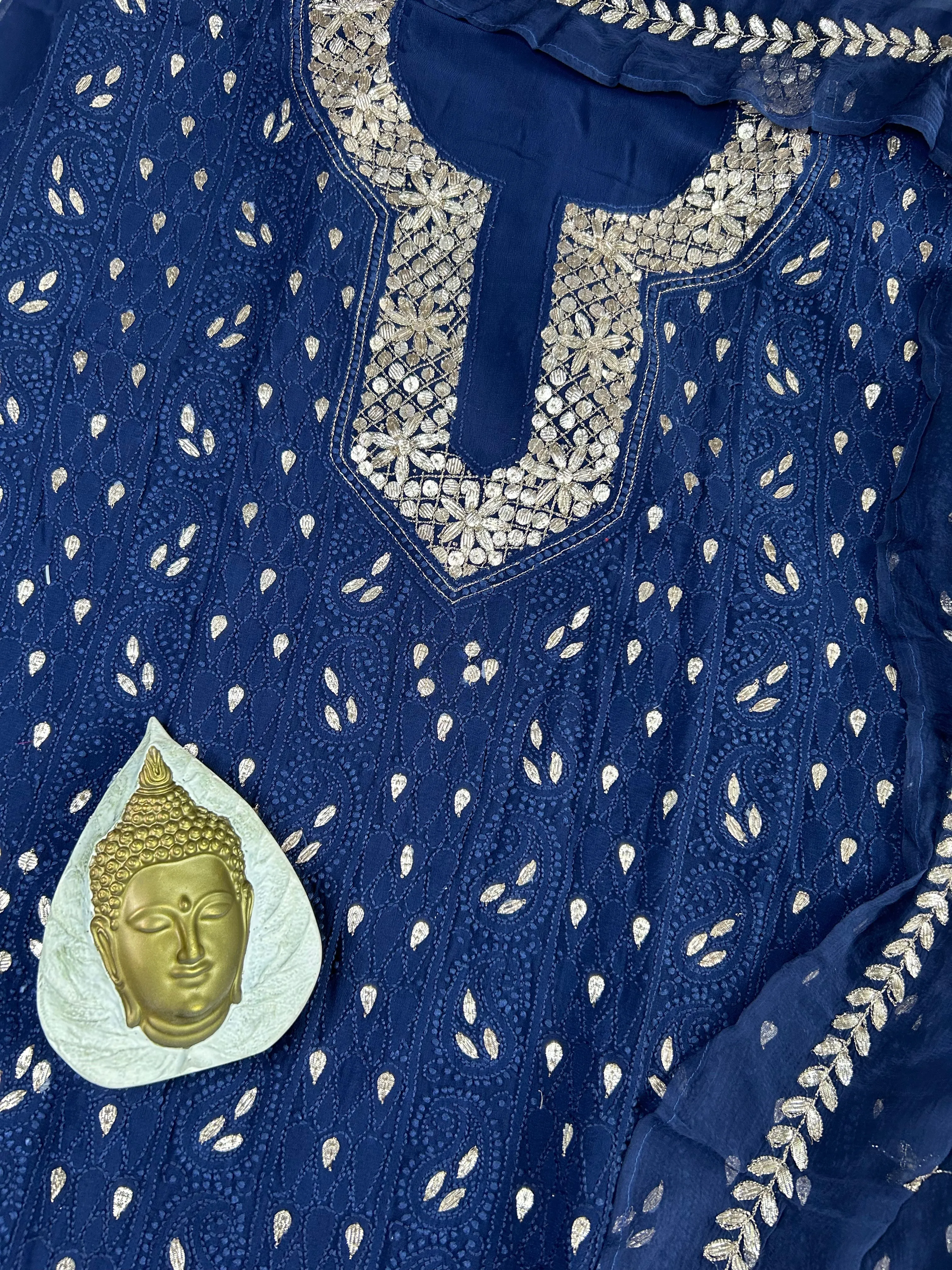 Navy Blue Chikankari Gota Embroidery Fabric Material Salwar Suit Set