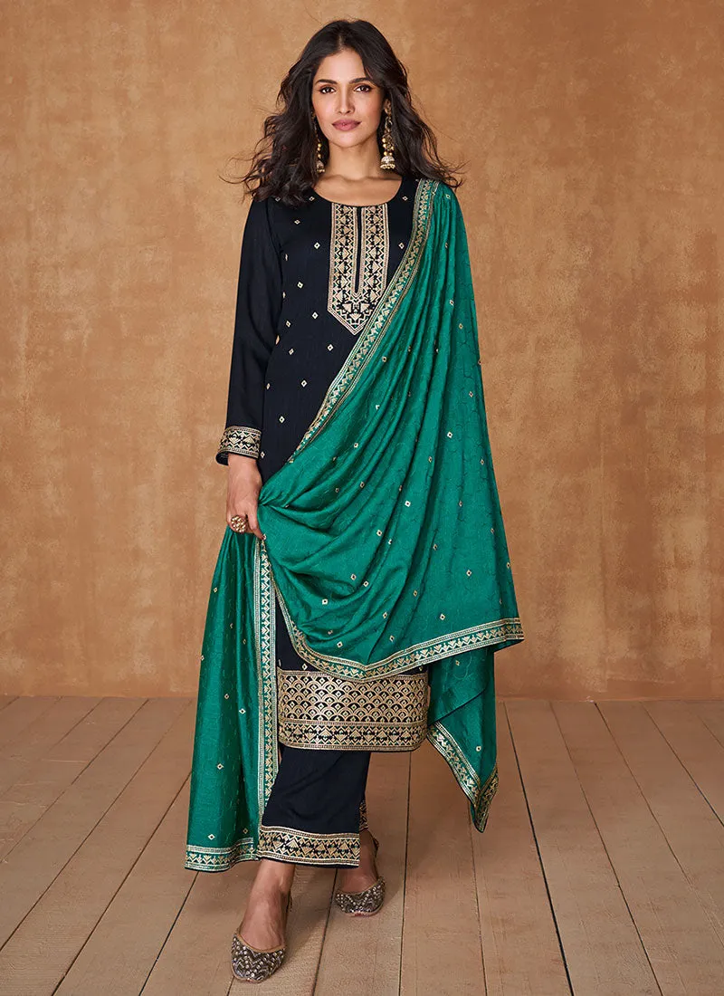 Navy Blue Sequence Embroidery Wedding Pant Style Suit