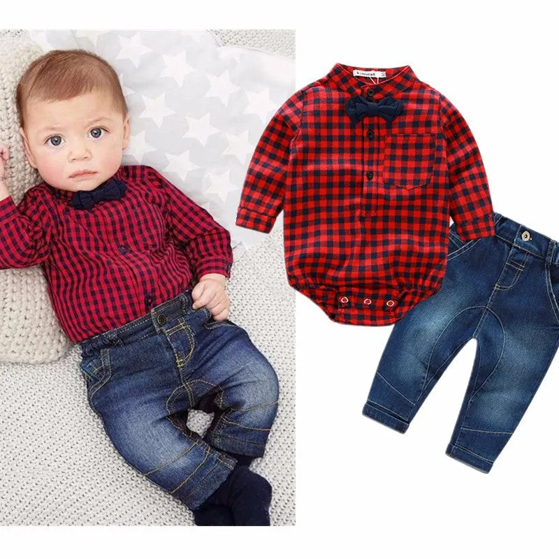 New red plaid shirts jeans baby boys clothes baby clothing set